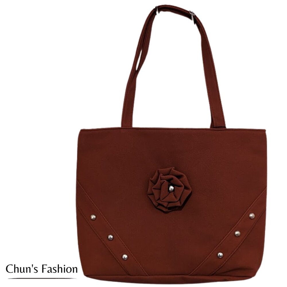 Women's Vegan Faux Leather Russet Brown Bag w/ Flower & Silver-Toned Studs NWT